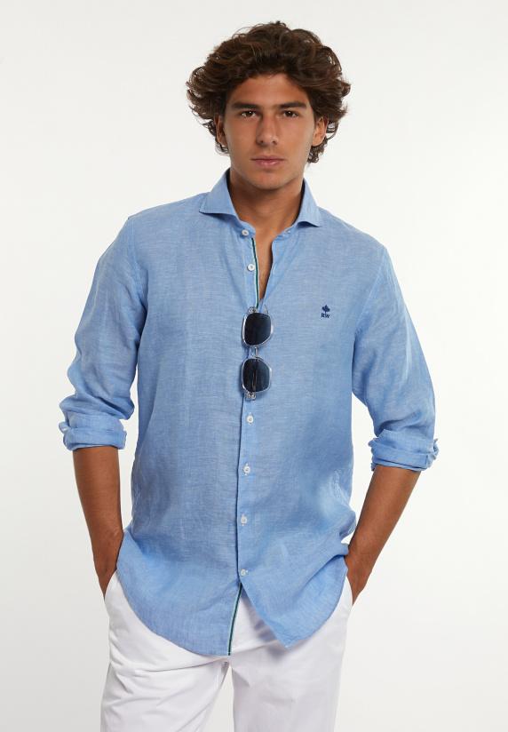 river woods Custom fit linnen hemd blauw