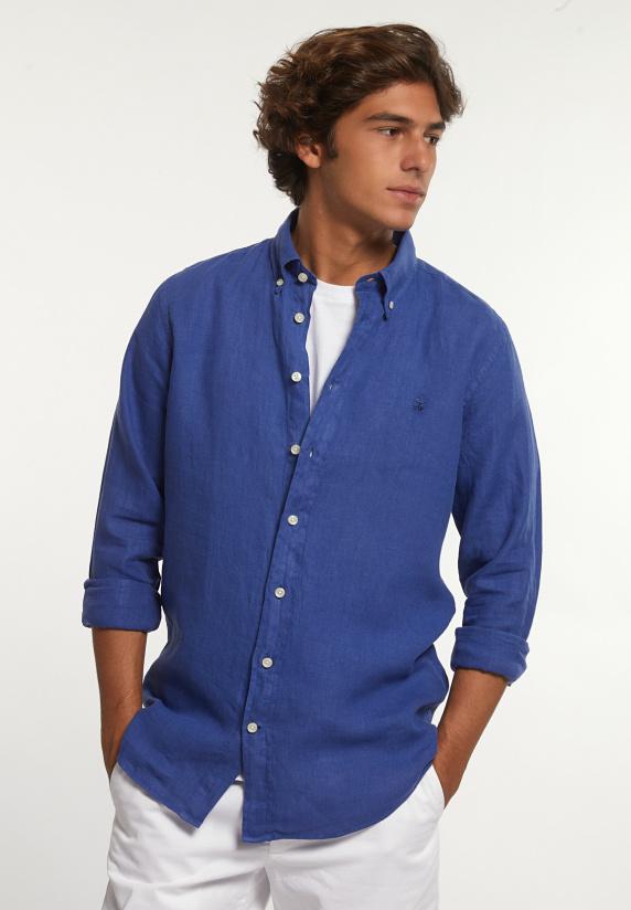 river woods Custom fit linnen hemd yale blue