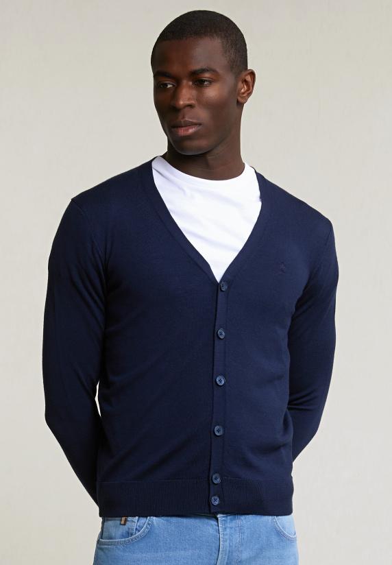 river woods Custom fit merino V-hals cardigan navy