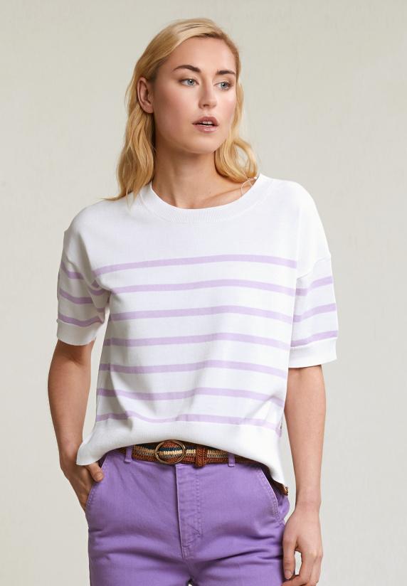 river woods Ecru/lila gestreepte trui korte mouwen