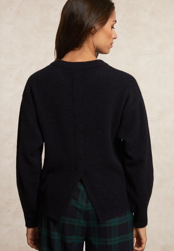 River Woods Effen Trui Ronde Hals Rugsplit Navy
