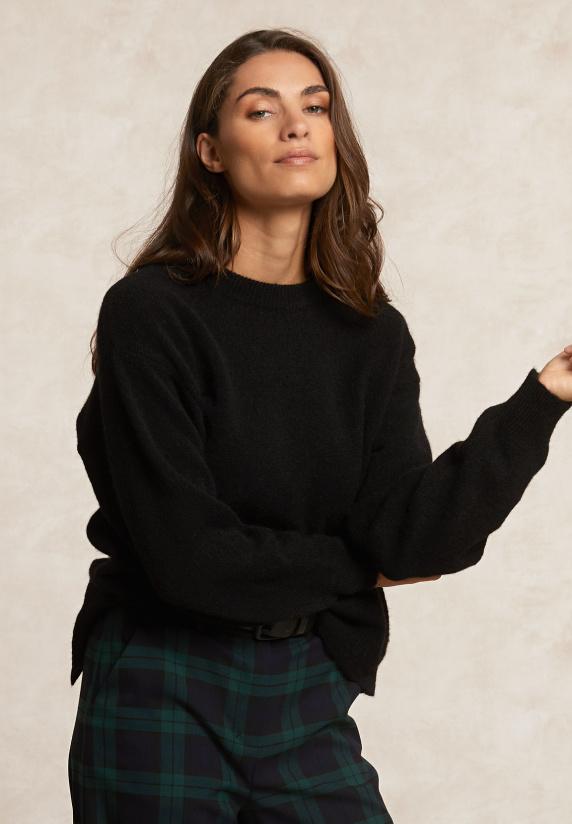 river woods Effen trui ronde hals rugsplit zwart