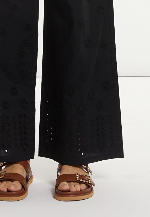 River Woods Geborduurde Wijde Popeline Broek Zwart