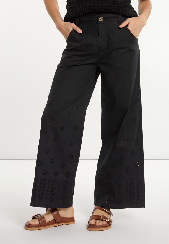 River Woods Geborduurde Wijde Popeline Broek Zwart