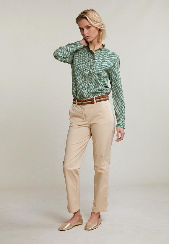 River Woods Groen/beige Fantasie Blouse Met Ruches