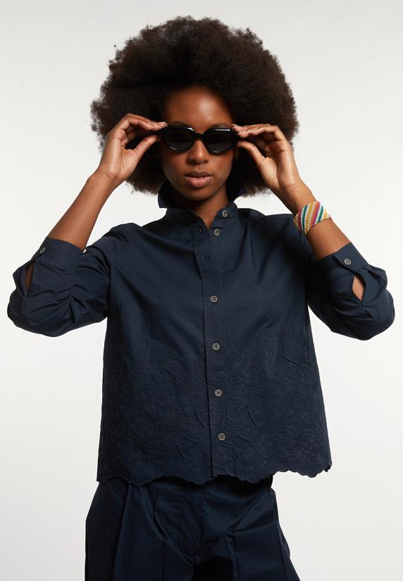 River Woods Katoenen Boxy Geborduurde Blouse Navy