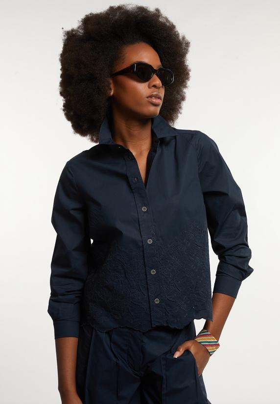 river woods Katoenen boxy geborduurde blouse navy
