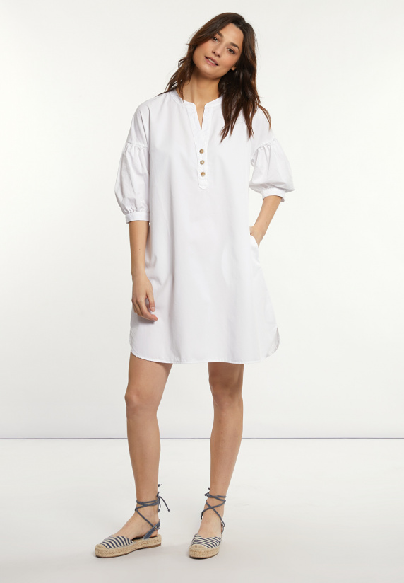 river woods Katoenen V-hals jurk pofmouwen écru