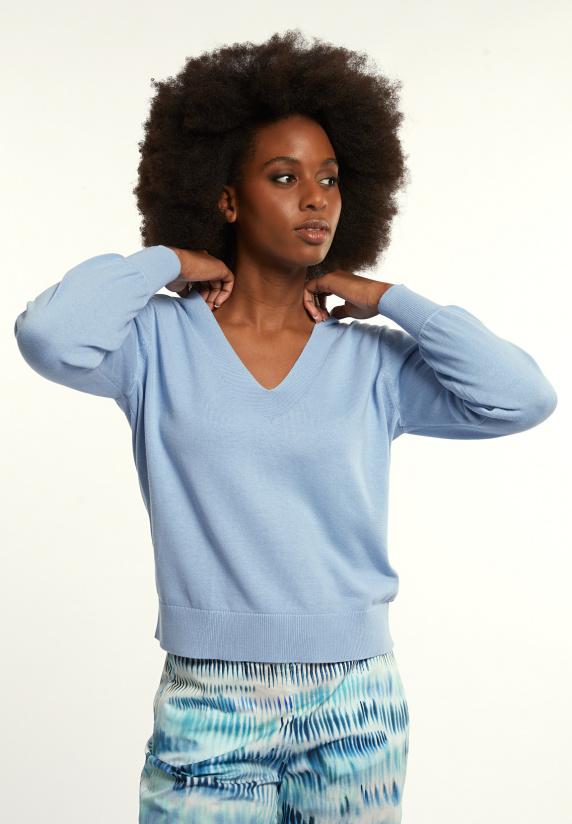 river woods Katoenen V-hals trui pofmouwen blauw