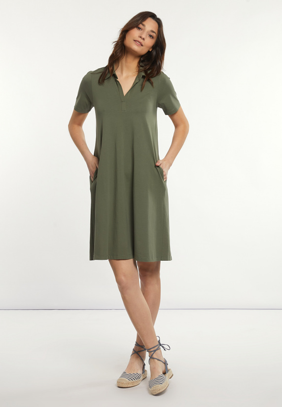 river woods Katoenen wijde V-hals jurk kaki