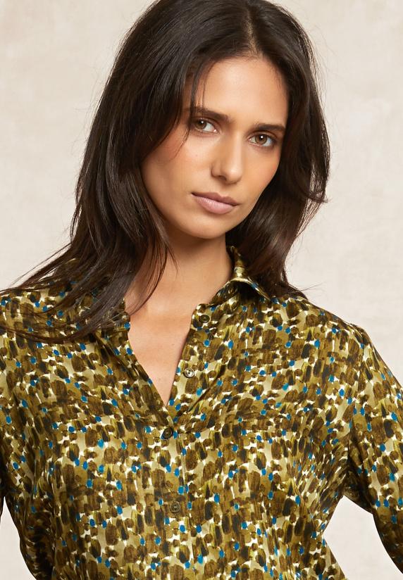 River Woods Klassieke Fantasieblouse Kaki/blauw