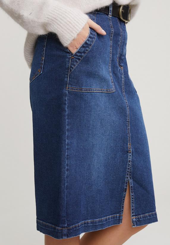 River Woods Midi Denim Rok Met Split Blauw
