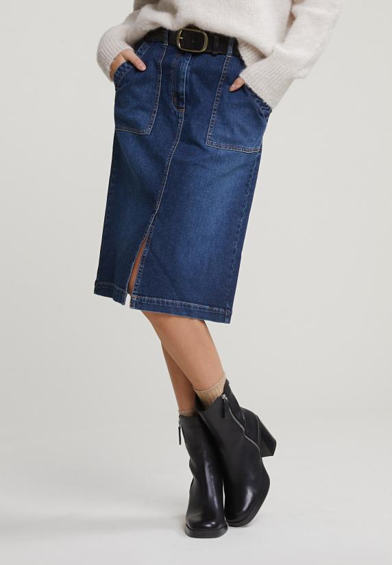 River Woods Midi Denim Rok Met Split Blauw