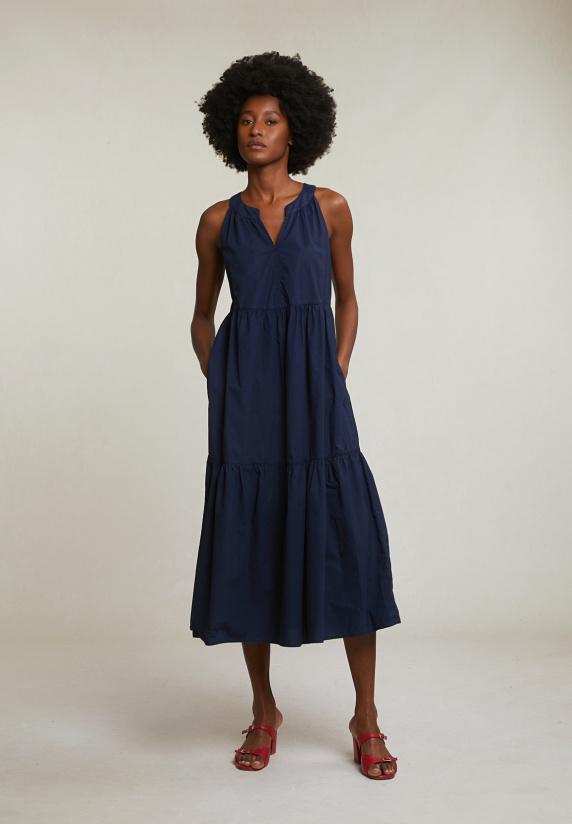 river woods Navy mouwloze V-hals jurk