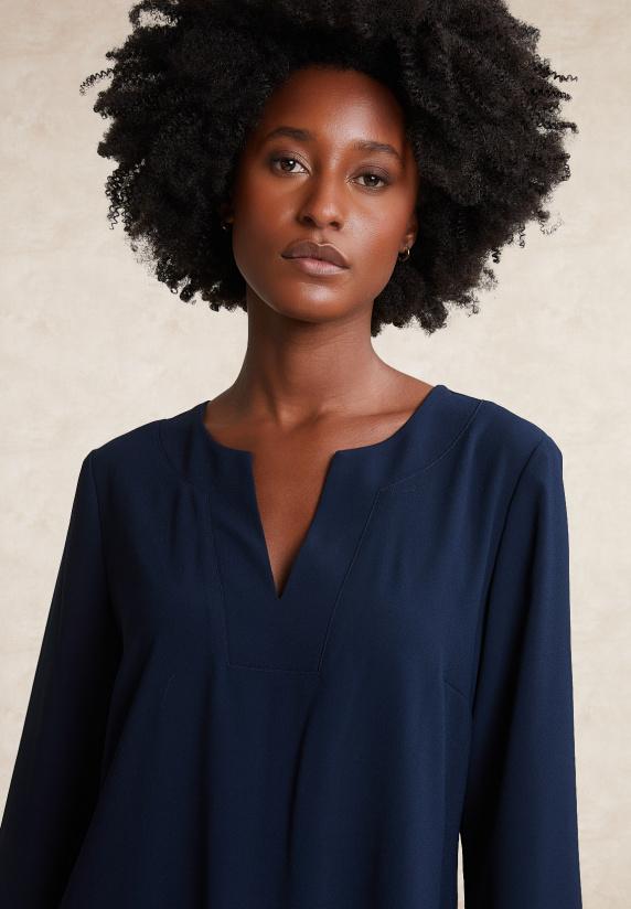 River Woods Navy V-hals Jurk Lange Mouwen