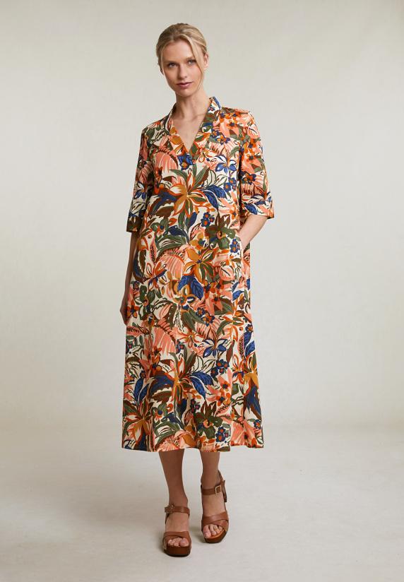 river woods Oranje/kaki gebloemde V-hals jurk
