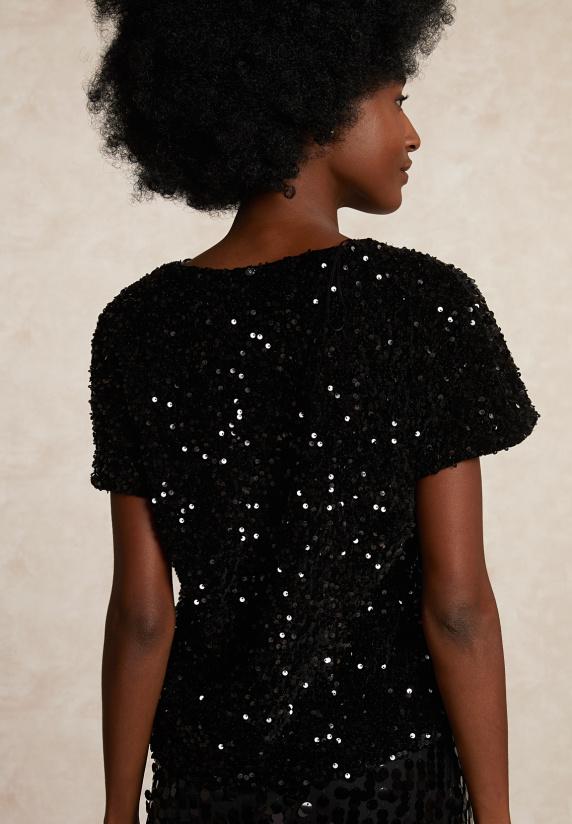 River Woods Pailletten Blouse Korte Mouwen Zwart