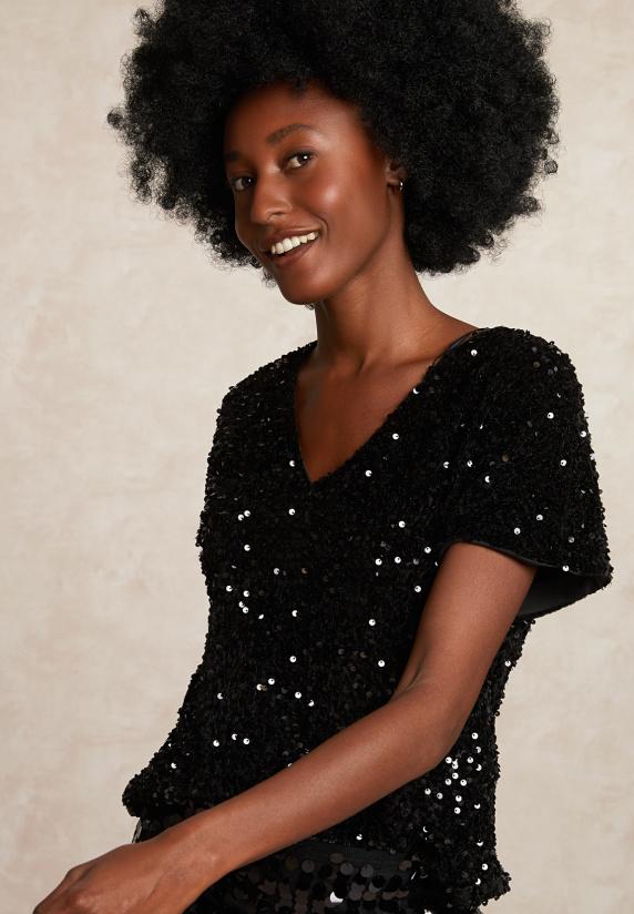 River Woods Pailletten Blouse Korte Mouwen Zwart