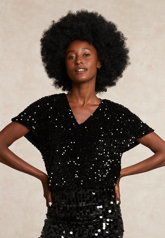 river woods Pailletten blouse korte mouwen zwart