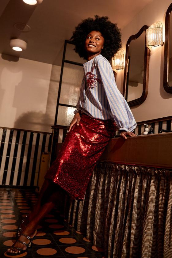 River Woods Rechte Midirok Met Pailletten Rood