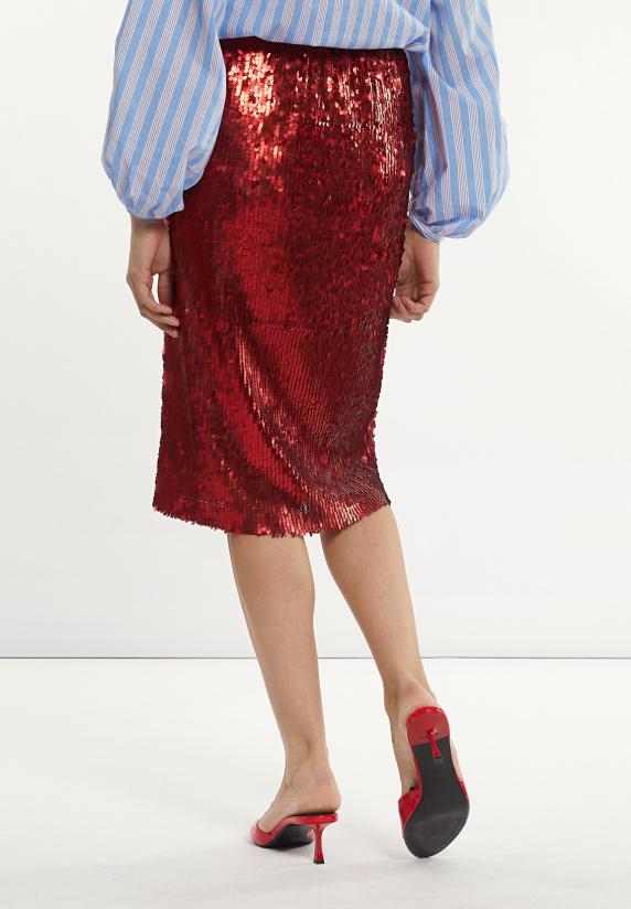 River Woods Rechte Midirok Met Pailletten Rood