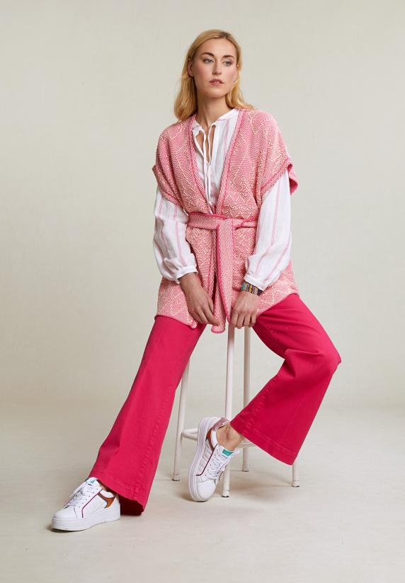 River Woods Roze/witte Mouwloze Kimono Met Riem