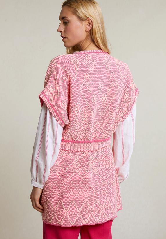 River Woods Roze/witte Mouwloze Kimono Met Riem