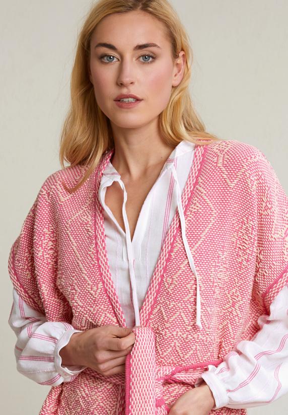 River Woods Roze/witte Mouwloze Kimono Met Riem