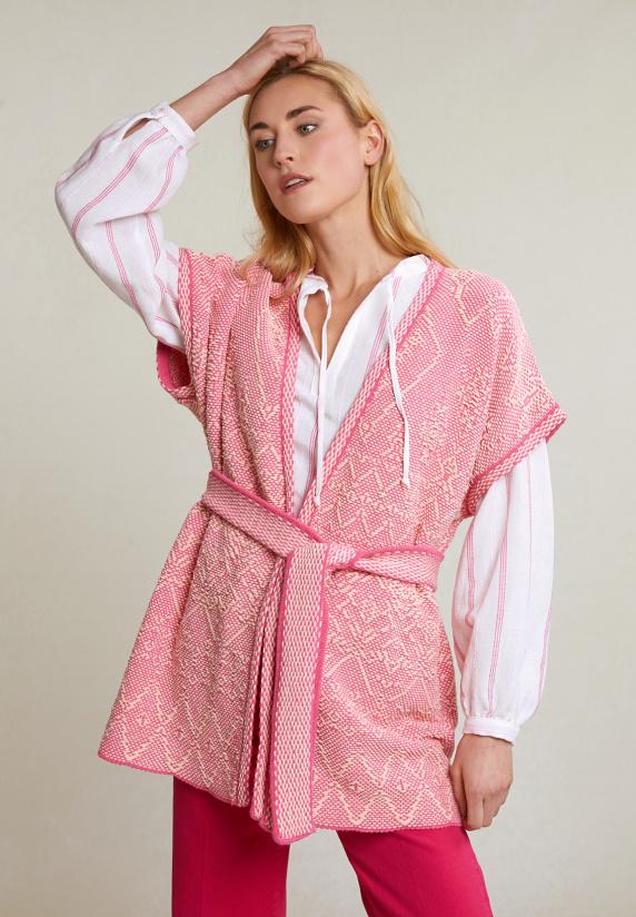 river woods Roze/witte mouwloze kimono met riem