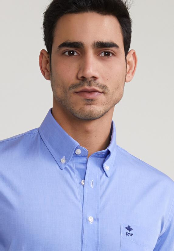 River Woods Slim Fit Effen Hemd Met Zak Blauw