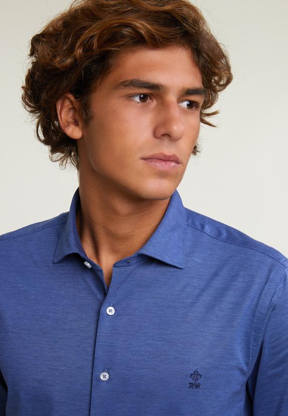 River Woods Slim Fit Effen Katoenen Hemd Blauw