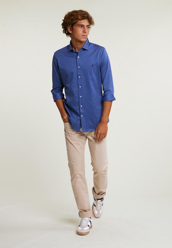 River Woods Slim Fit Effen Katoenen Hemd Blauw