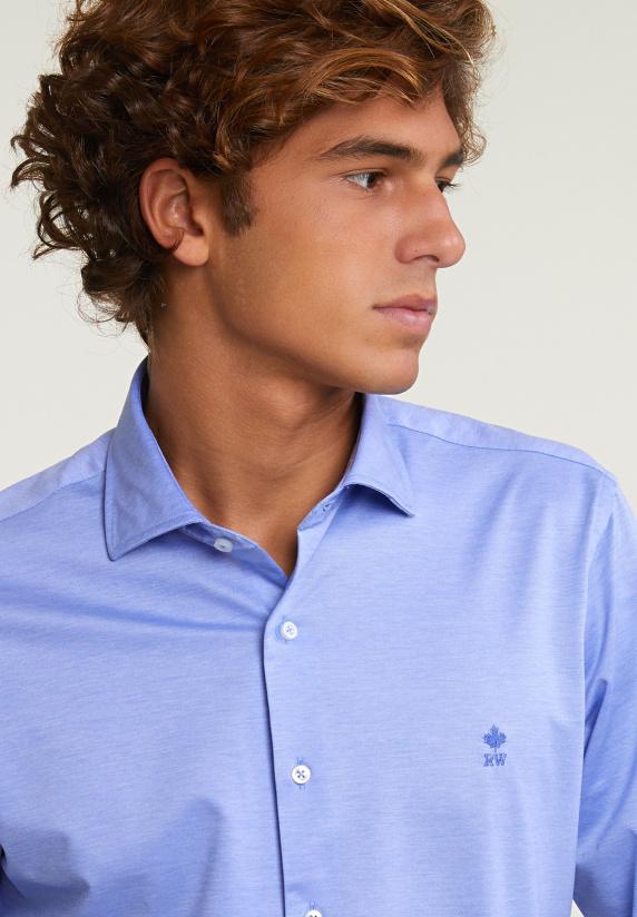 River Woods Slim Fit Effen Katoenen Hemd Blauw