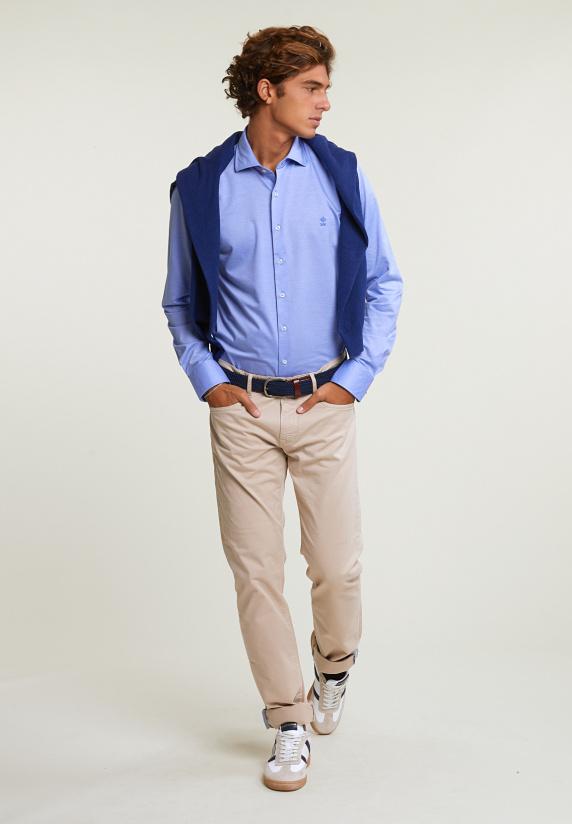 River Woods Slim Fit Effen Katoenen Hemd Blauw