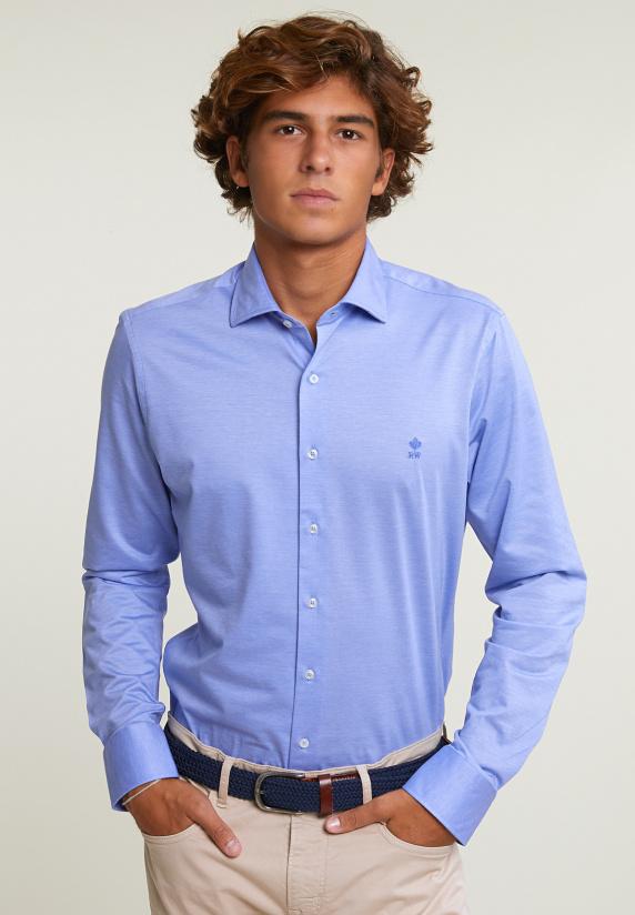 river woods Slim fit effen katoenen hemd blauw
