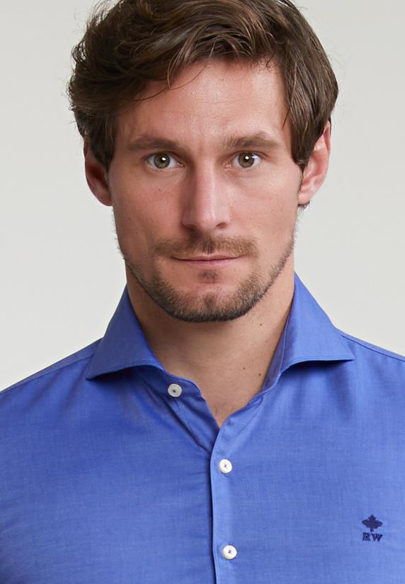 River Woods Slim Fit Effen Katoenen Hemd Blauw