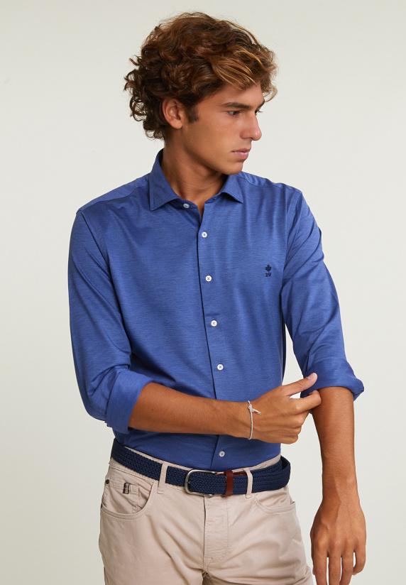 river woods Slim fit effen katoenen hemd blauw