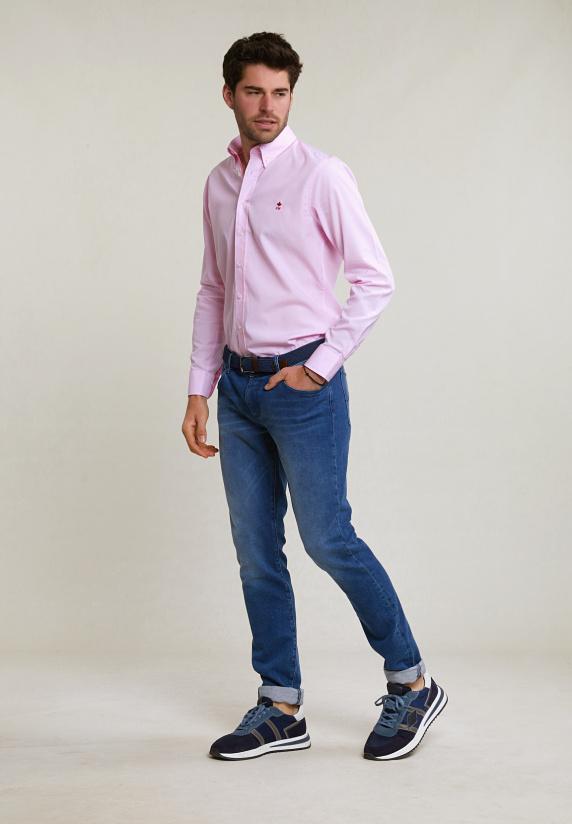 River Woods Slim Fit Effen Katoenen Hemd Roze