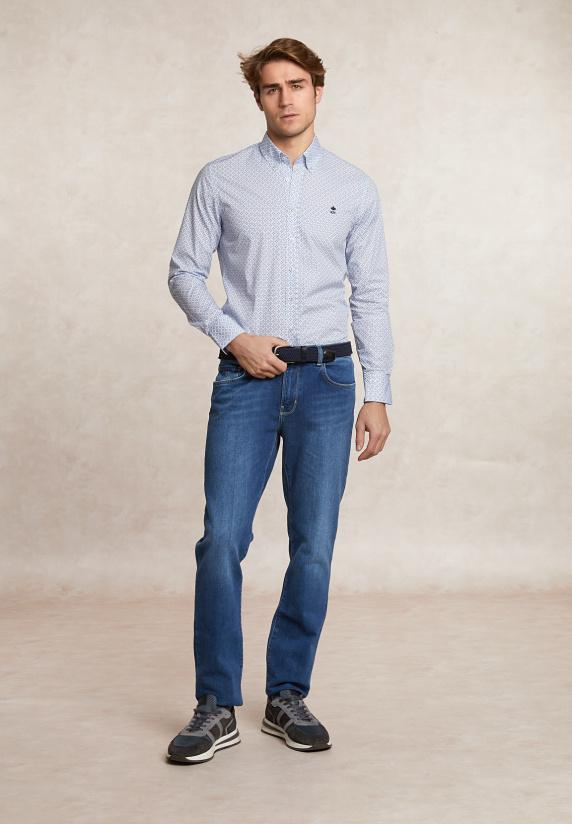 River Woods Slim Fit Fantasiehemd Blauw/wit