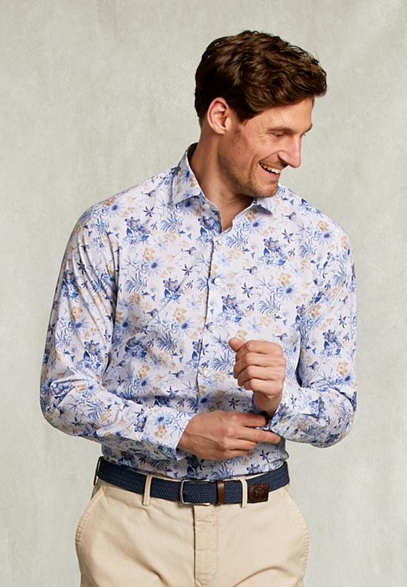 river woods Slim fit gebloemd hemd blauw/bruin