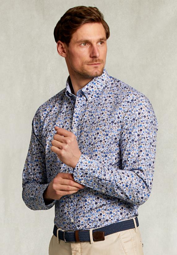 river woods Slim fit gebloemd hemd blauw/bruin