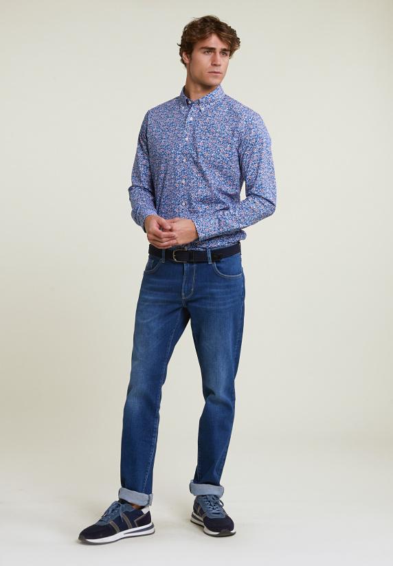 River Woods Slim Fit Gebloemd Hemd Blauw/rood