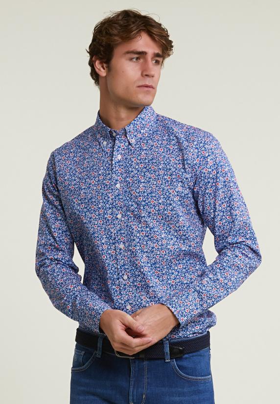 river woods Slim fit gebloemd hemd blauw/rood