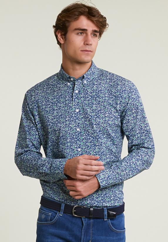 river woods Slim fit gebloemd hemd groen/blauw