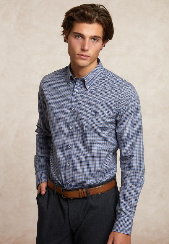 river woods Slim fit geruit hemd blauw/bruin