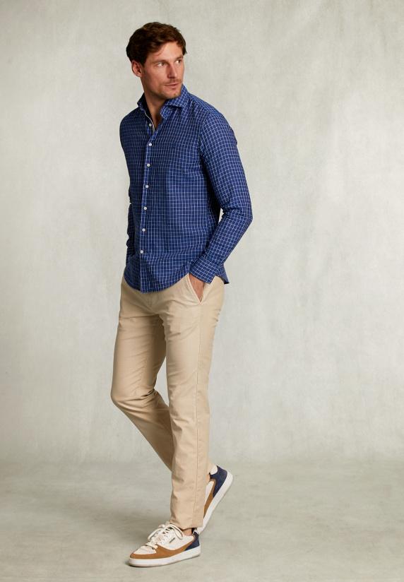 River Woods Slim Fit Geruit Linnen Hemd Blauw/wit