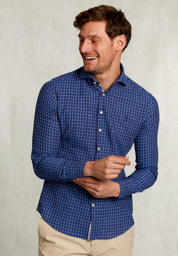 river woods Slim fit geruit linnen hemd blauw/wit