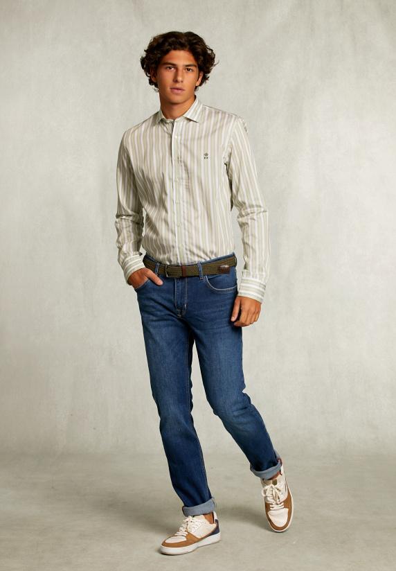 River Woods Slim Fit Gestreept Hemd Groen/wit