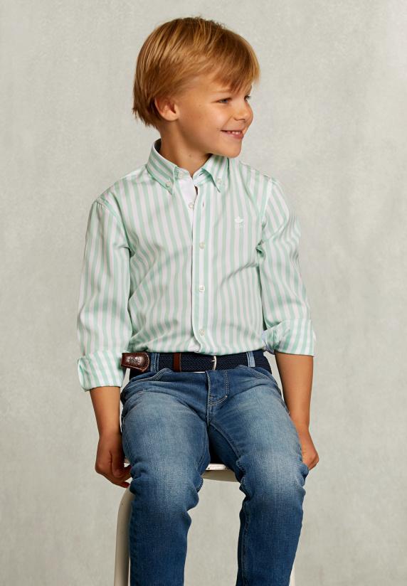 River Woods Slim Fit Gestreept Hemd Groen/wit