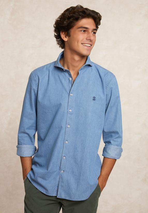 river woods Slim fit jeanshemd blauw